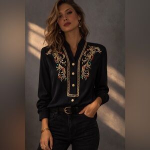 Vintage Black Western Embroidered Blouse Gold Trim Jewel Detail |